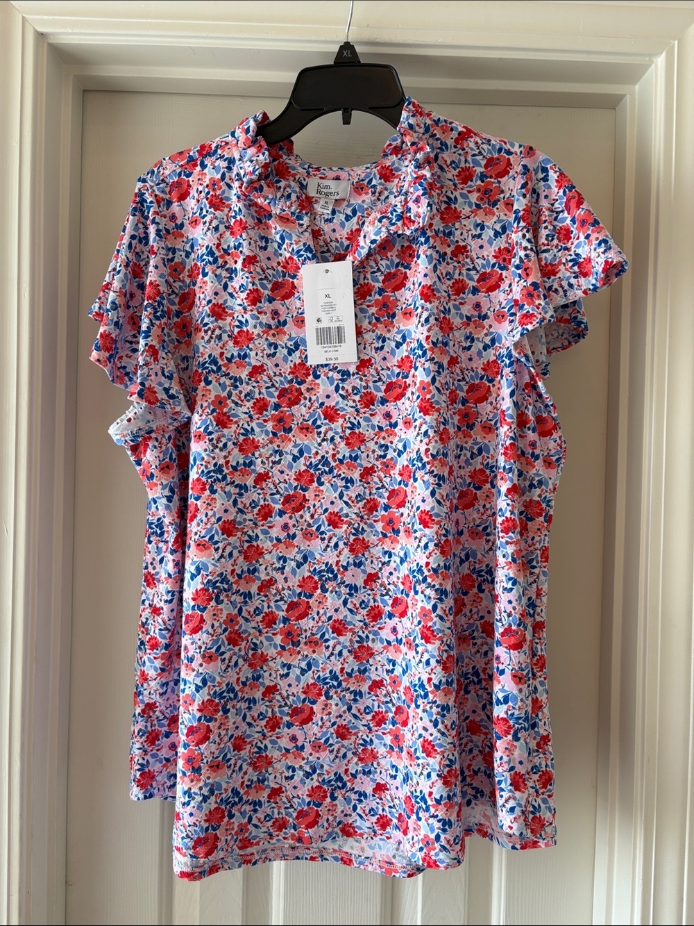 Kim Rogers Floral Ruffle Sleeve Top - Red & Blue Size XL